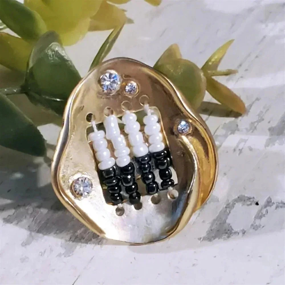 Crystals and Glass Beads Baroque Gold Plated Adjustable Statement Cocktail Ring - Picture 11 of 13